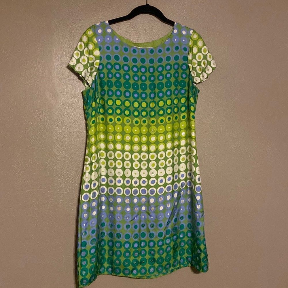 BODEN SILK RETRO CIRCLE DOT PRINT SEQUIN EMBELLISHED SHIFT GREEN DRESS 10